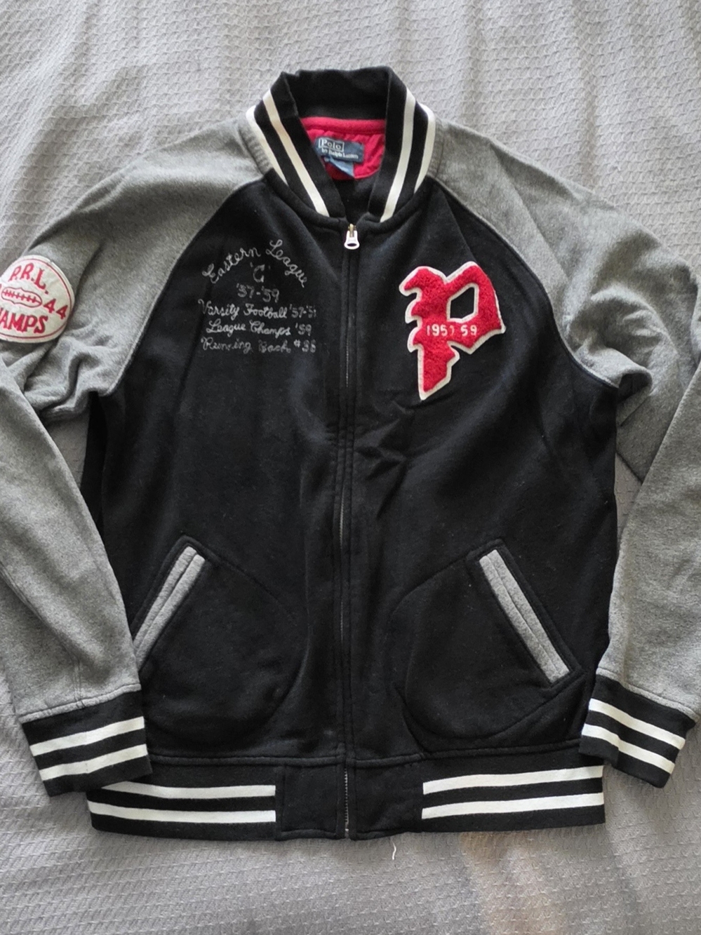 Polo by Ralph Lauren Black & Gray Varsity Jacket with Red Patch
